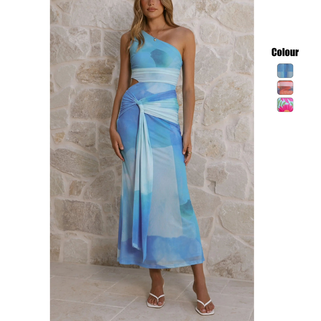 Damen Wickel-Maxikleid mit asymmetrischem Träger und floralen Akzenten EB