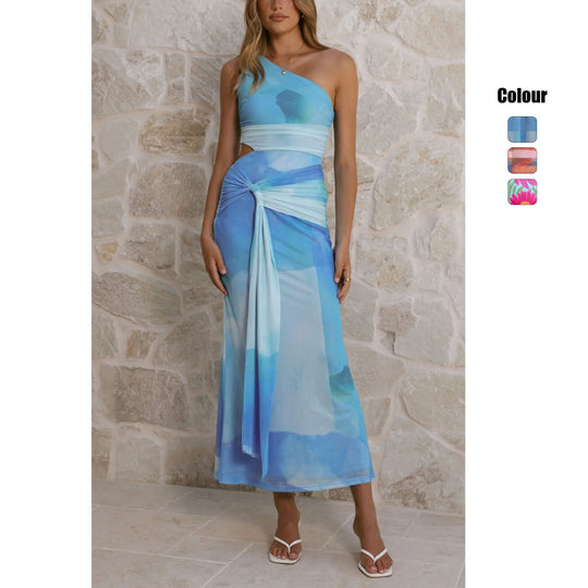 Damen Wickel-Maxikleid mit asymmetrischem Träger und floralen Akzenten EB