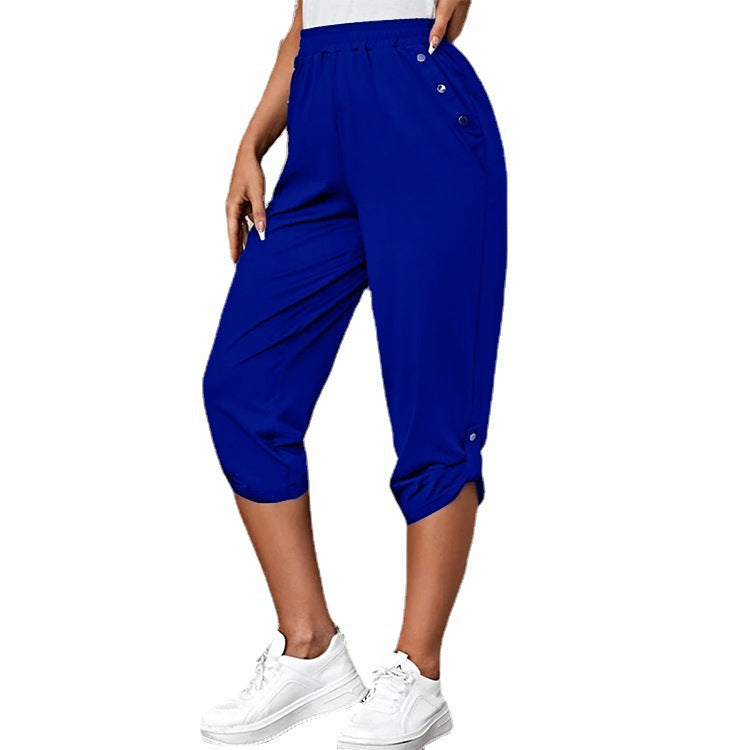Damen nan lässige dreiviertellange Hose mit elastischem Bund, Eingrifftaschen und krempelbarem Saum EB