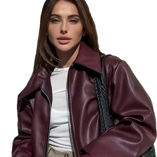 Damen Kunstlederjacke mit Stehkragen und voluminösen Ärmeln EB