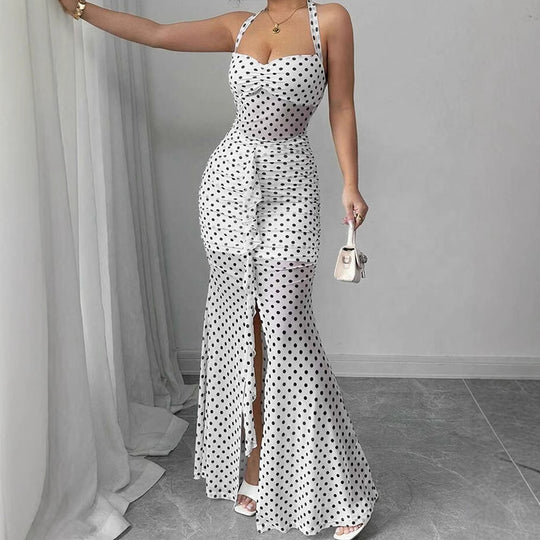 Damen Maxikleid mit schickem Pünktchenmuster und elegantem Neckholder EB