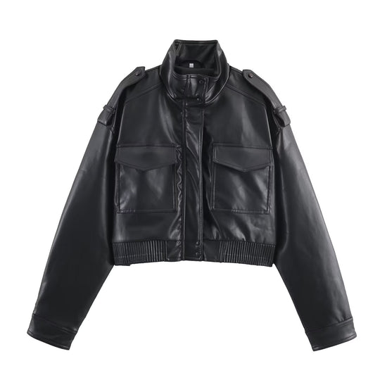 Damen nan kurz geschnittene Military-inspirierte Kunstlederjacke mit hohem Stehkragen, aufgesetzten Pattentaschen, Schulterklappen und geripptem Bund EB