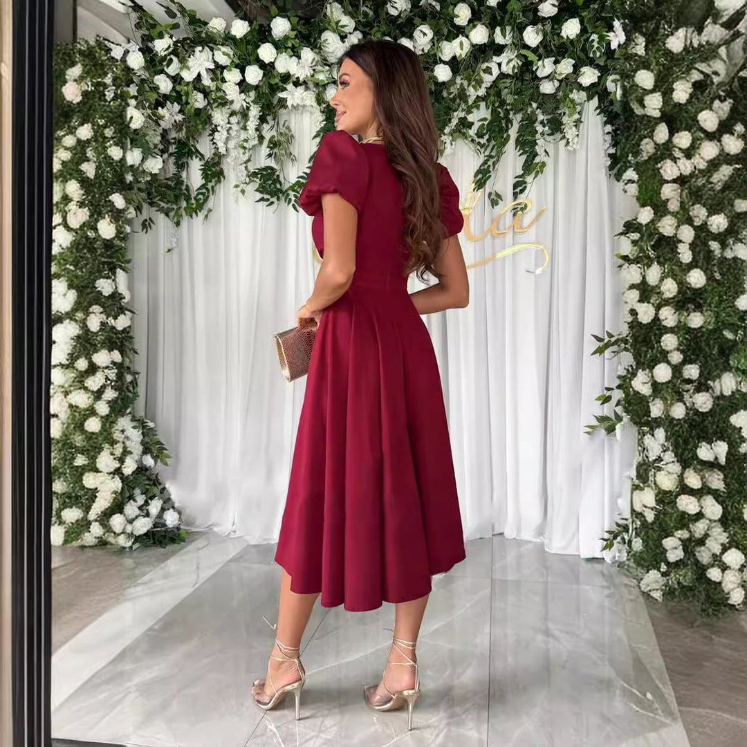 Damen A-Linie Kleid mit Puffärmeln und schmalem V-Ausschnitt EB