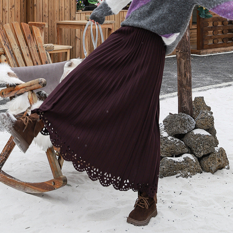 Damen  plissierter Midirock mit feinem Plissee, elastischem Taillenbund und floraler Lasercut-Saum EB