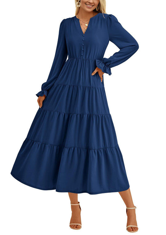 Damen Maxikleid mit romantischen Rüschendetails und elegantem V-Ausschnitt EB