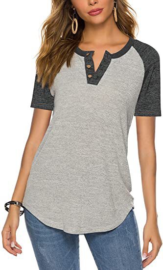 Damen lässiges Kurzarm-Henley-Shirt mit Knopfleiste EB
