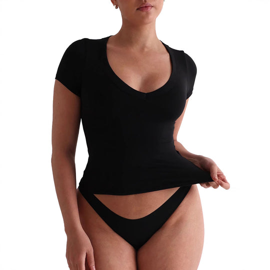 Damen figurbetontes V-Neck T-Shirt mit kurzen Ärmeln EB