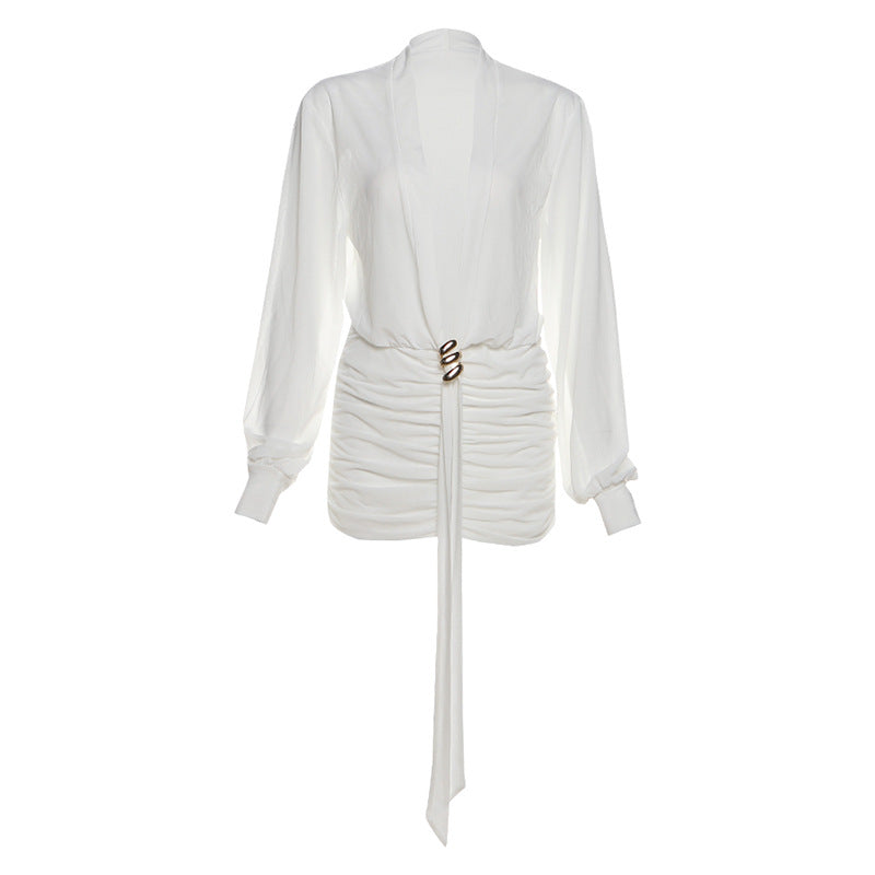 Damen Wickelbluse mit eleganter Raffung und buntem Broschenverschluss EB