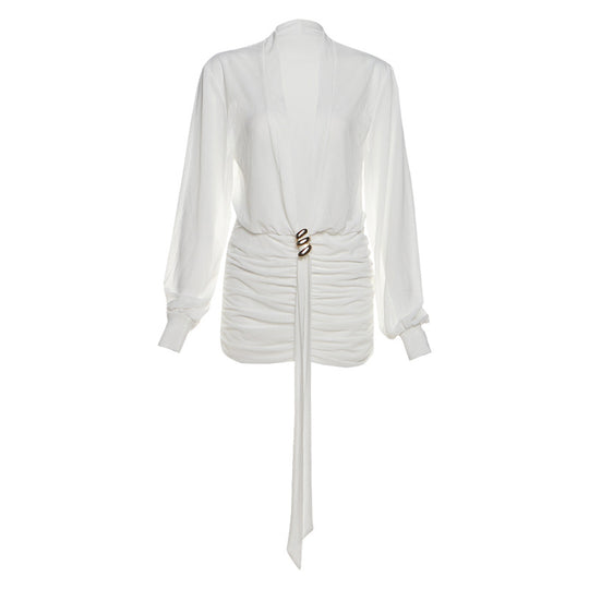 Damen Wickelbluse mit eleganter Raffung und buntem Broschenverschluss EB