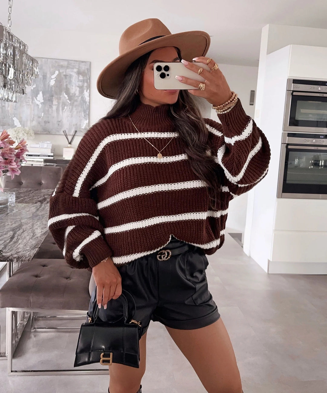 Damen gestreifter Oversized-Pullover mit modischem Rollkragen EB