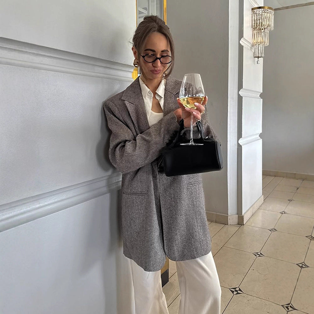 Damen Oversized Blazerjacke mit edlem Karomuster und praktischen Taschen EB