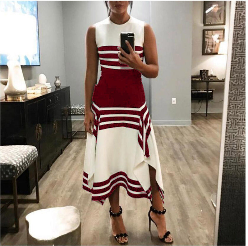 Damen asymmetrisches Maxikleid mit Streifenmuster EB