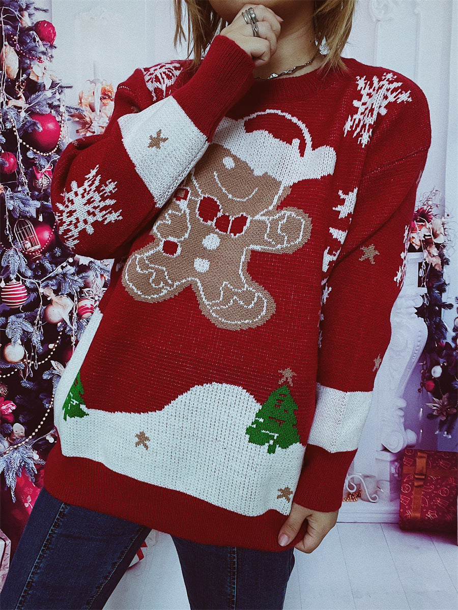 Damen Weihnachts-Pullover mit gingerbread-Motiv und Rundhalsausschnitt EB