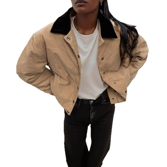 Damen modische Oversized-Jacke mit Samtkragen und Druckknopfverschluss EB