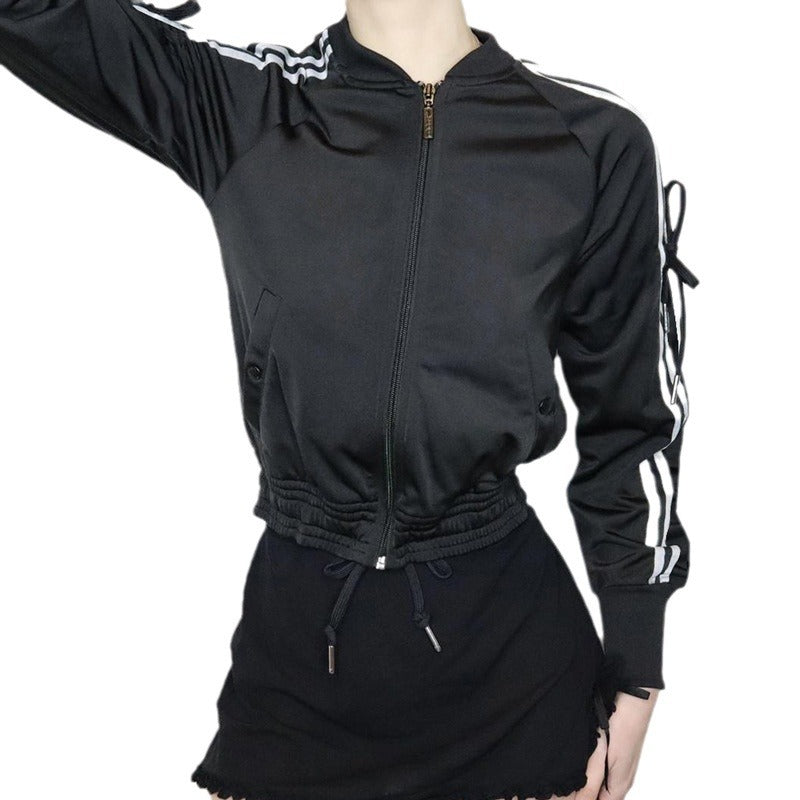 Damen nan sportive Zip-Jacke im Bomberstil mit seitlichen Streifen, Ärmel-Bindebändern und Kordelbund EB