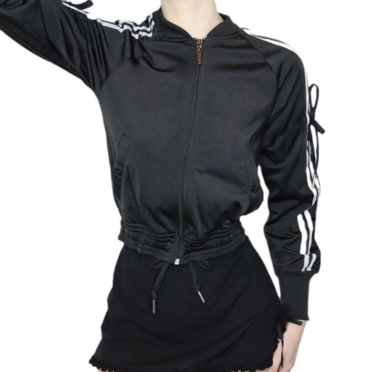 Damen nan sportive Zip-Jacke im Bomberstil mit seitlichen Streifen, Ärmel-Bindebändern und Kordelbund EB
