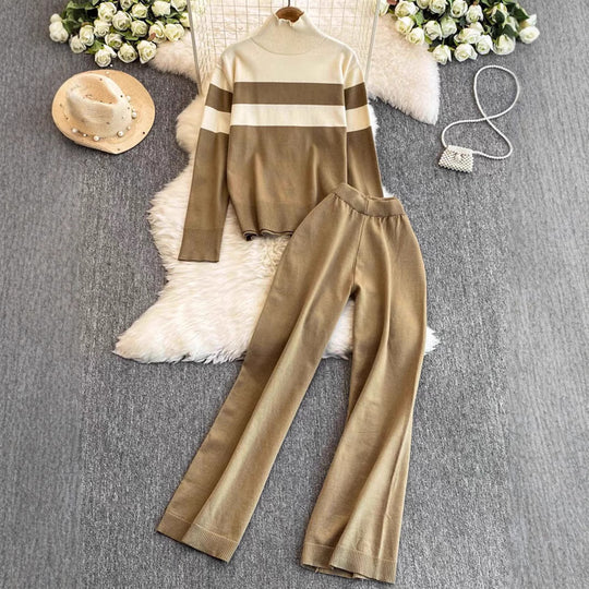 Damen modisches Strick-Loungewear-Set mit hohem Kragen und breiten Streifen EB