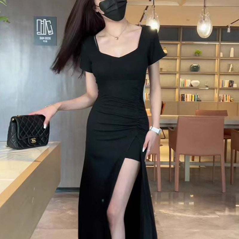 Damen figurbetontes langes Kleid mit schickem Raffungseffekt und hohem Schlitz EB