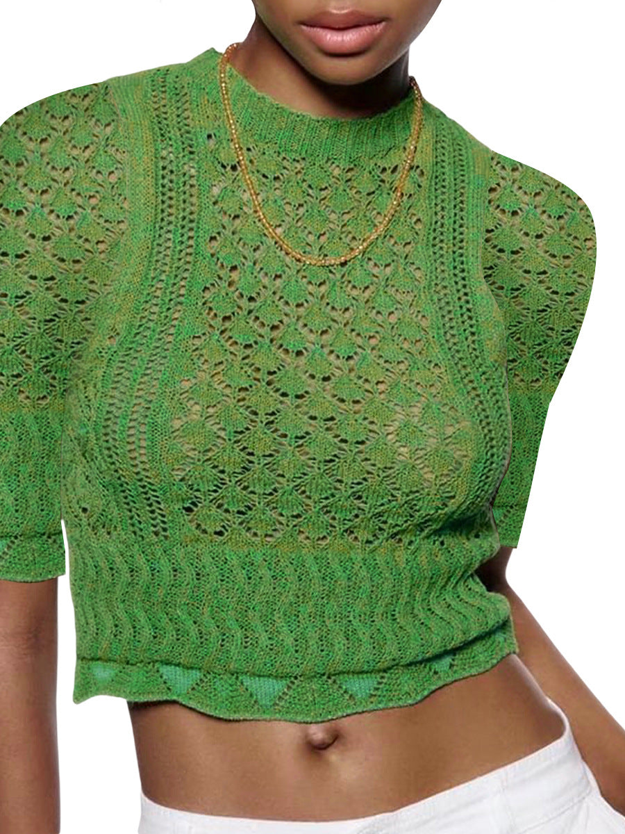 Damen Print Strickoberteil mit luftiger Netzstruktur und modischem Crop-Schnitt EB