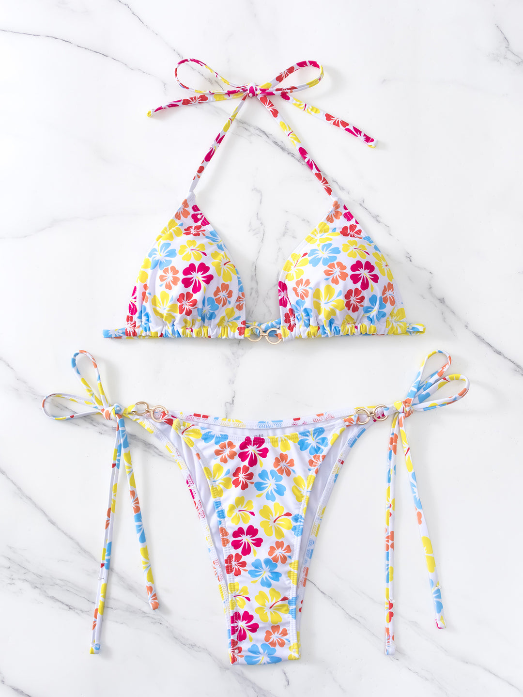 Damen Triangel-Bikini mit raffinierten Bindebändern und farbenfrohem Blumenmuster EB