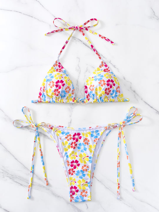 Damen Triangel-Bikini mit raffinierten Bindebändern und farbenfrohem Blumenmuster EB
