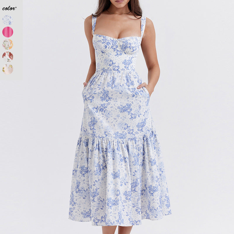 Damen Floral Maxikleid mit schulterfreiem Design und voluminösem Rock EB