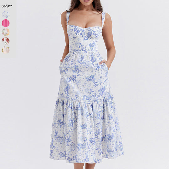 Damen Floral Maxikleid mit schulterfreiem Design und voluminösem Rock EB