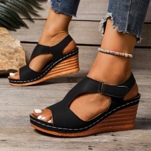 Damen Wedge-Sandalen mit elastischem Riemen und attraktiver Cut-Out-Optik EB