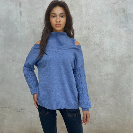 Damen Strickpullover mit Off-Shoulder-Design und strukturierten Ärmeln EB