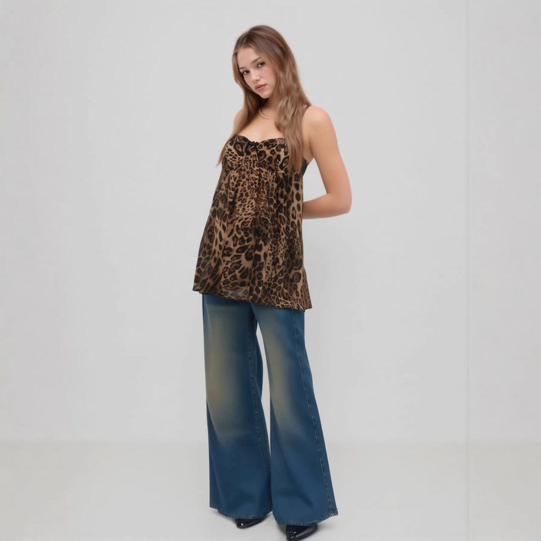 Damen Verspielt transparentes Spaghettiträgershirt mit Leopardenmuster EB
