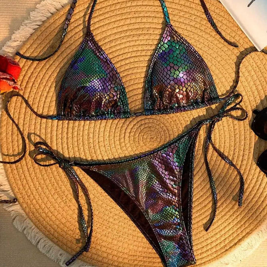 Damen Triangel-Bikini mit schimmerndem Schlangendesign EB