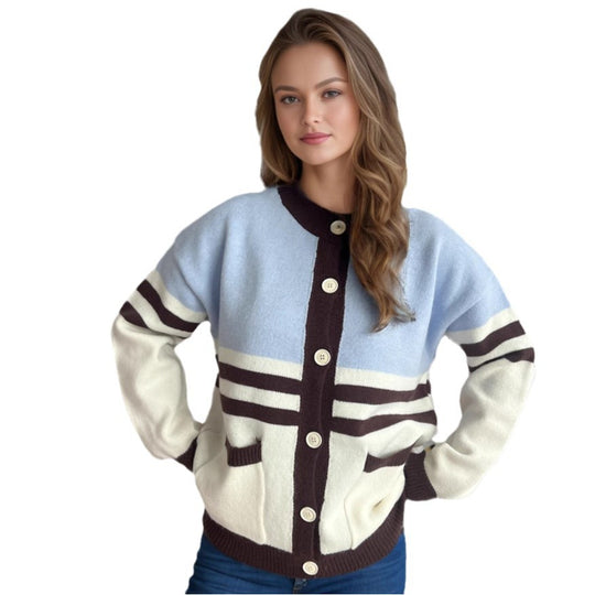 Damen Strickjacke mit modischen Streifen und praktischen Taschen EB
