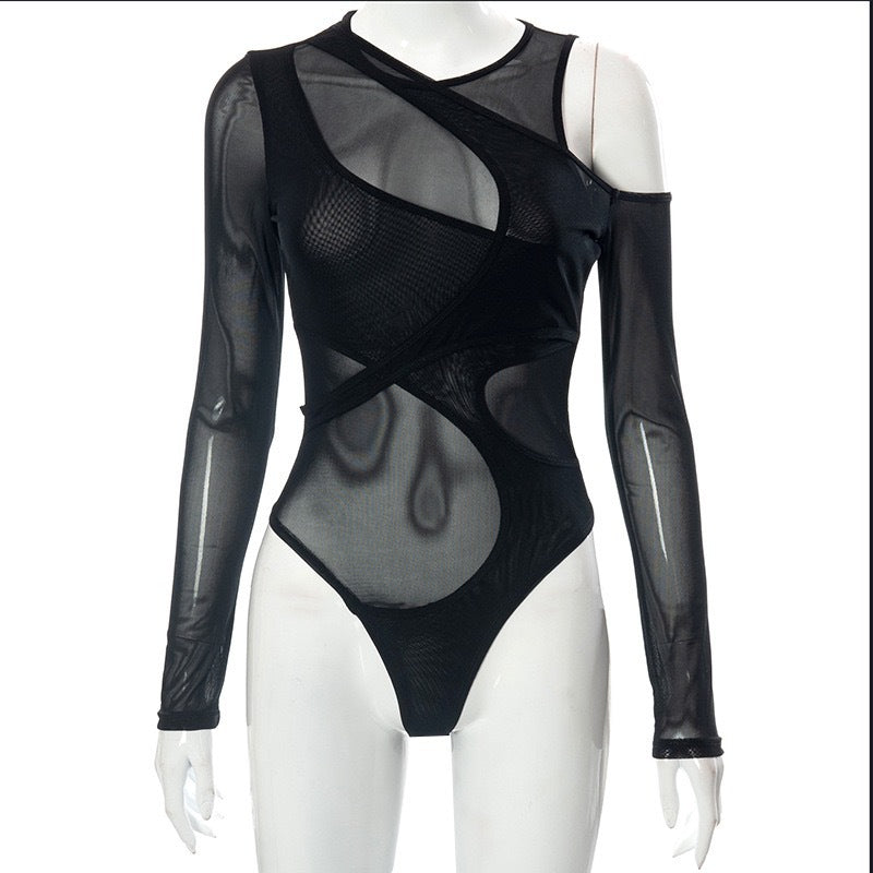 Damen Body mit asymmetrischem Design und transparenten Ärmeln EB