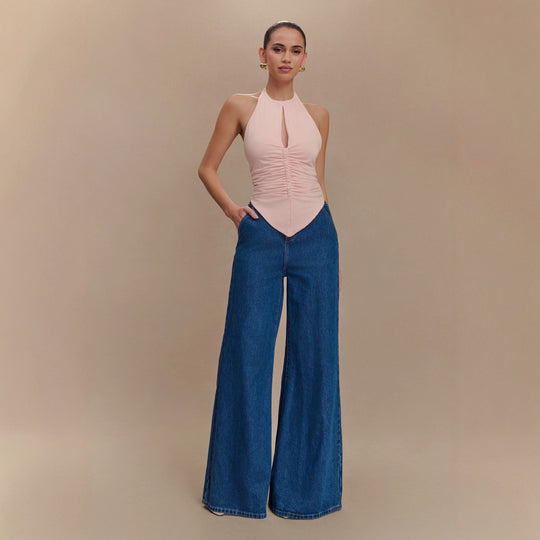 Damen Elegantes Rüschentop mit hochgeschlossenem Design EB