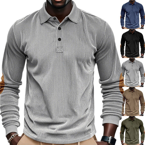 Herren nan geripptes Langarm-Poloshirt mit Henley-Knopfleiste und veloursähnlichen Ellbogenpatches EB
