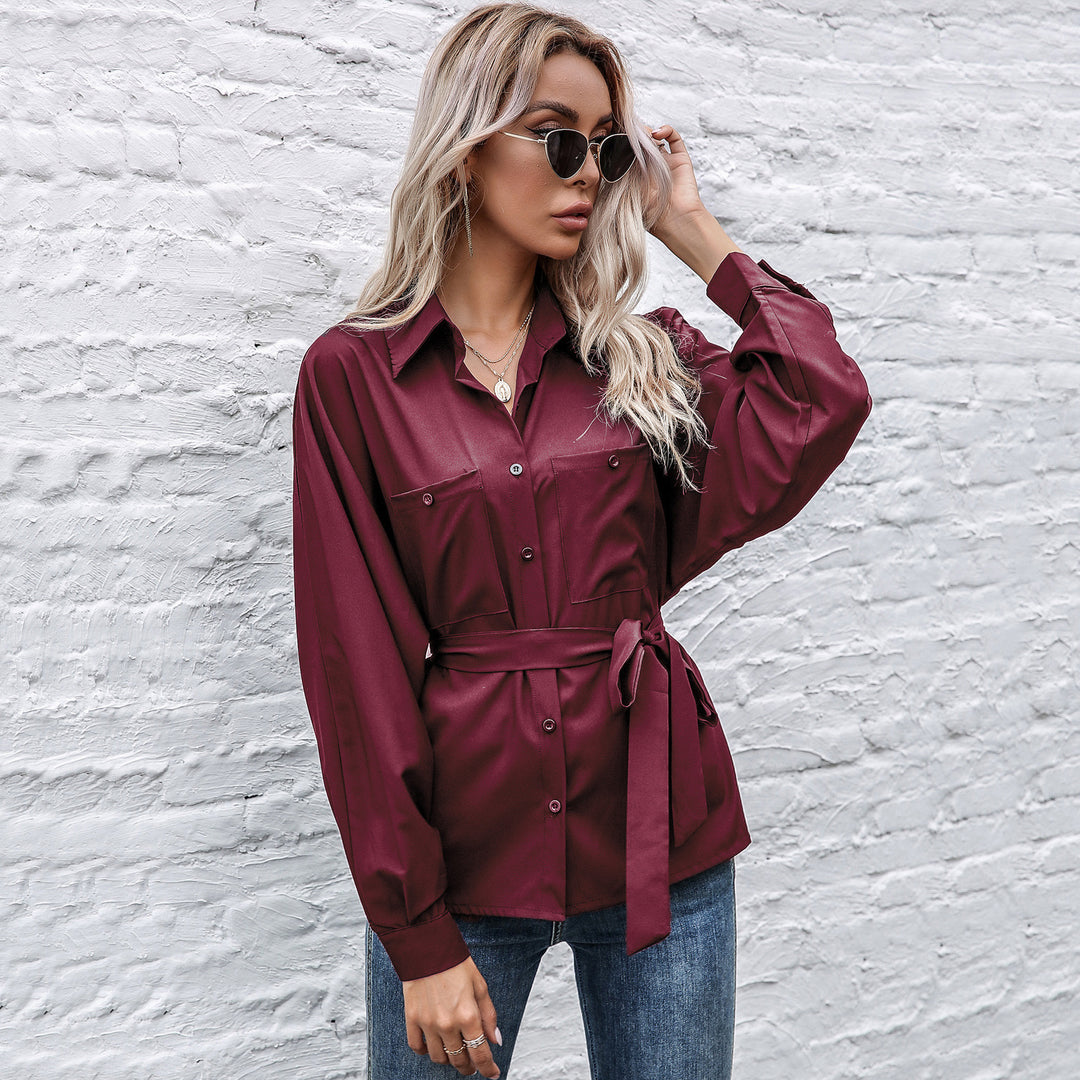 Damen Elegantes Hemdblusenshirt mit Taillengürtel und hochwertigem Satin Material EB