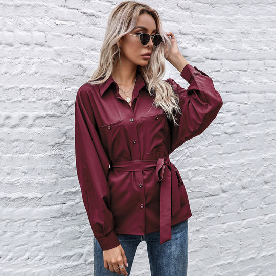 Damen Elegantes Hemdblusenshirt mit Taillengürtel und hochwertigem Satin Material EB
