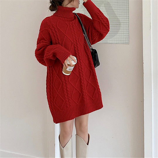 Damen Langer Strickpullover mit dickem Zopfmuster und Stehkragen EB