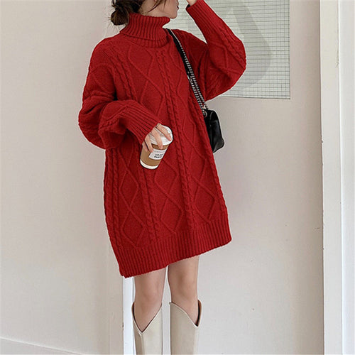Damen Langer Strickpullover mit dickem Zopfmuster und Stehkragen EB