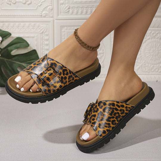 Damen Riemchen-Sandalen mit modischem Leopardenmuster und rutschfester Sohle EB