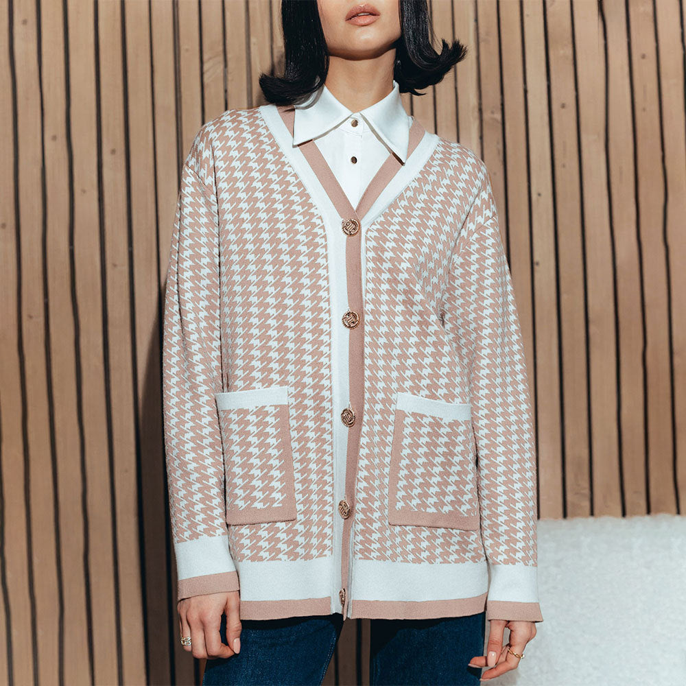 Damen Strickcardigan mit klassischem Hahnentritt-Muster und Knopfleiste EB