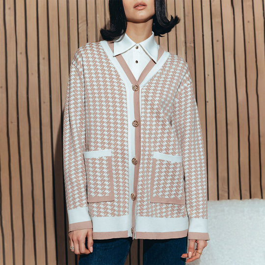 Damen Strickcardigan mit klassischem Hahnentritt-Muster und Knopfleiste EB