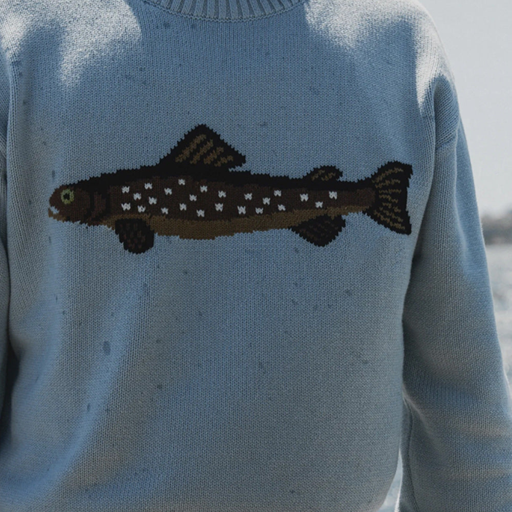 Damen Oversize Strickpullover mit Fisch-Jacquard, Halbkragen und Rippenbündchen EB