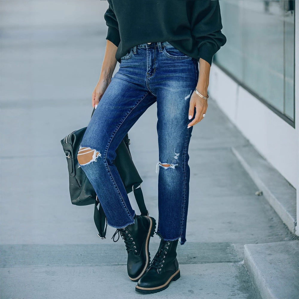 Damen Cropped Jeans mit modischen Rissen und lässigem Saum EB