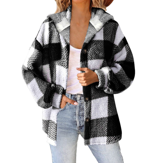 Damen nan kuschelige karierte Teddyjacke mit Kapuze, Knopfverschluss und oversized Schnitt EB