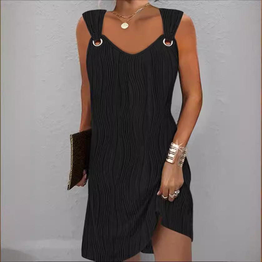 Damen Wellenmuster Kleid mit dekorativen Trägern EB