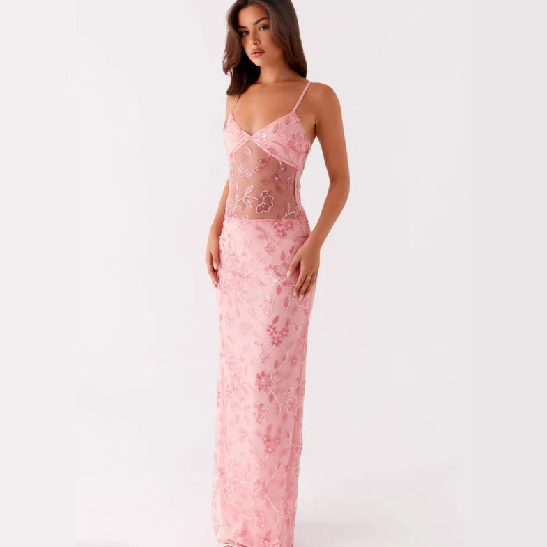 Damen Elegantes Maxikleid mit transparenten Spitzenakzenten und floralen Verzierungen EB