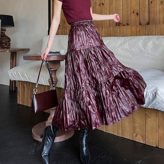 Damen  stufiger Maxirock aus beschichtetem Crinkle-Material mit elastischem Komfortbund EB