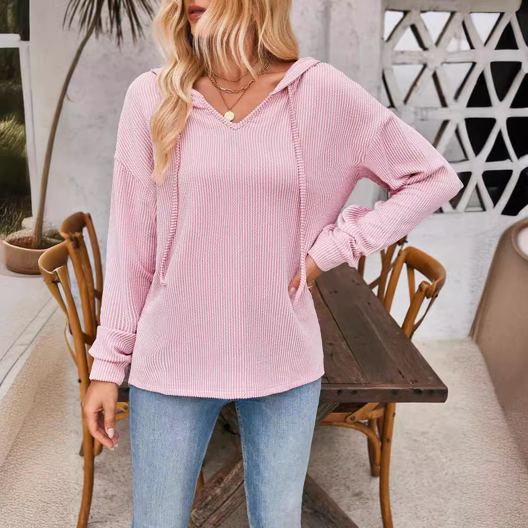 Damen lässiger Sweater mit V-Ausschnitt und Kordelzug EB