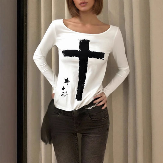 Damen Langarm-T-Shirt mit kreativem Motiv und Rundhalsausschnitt EB